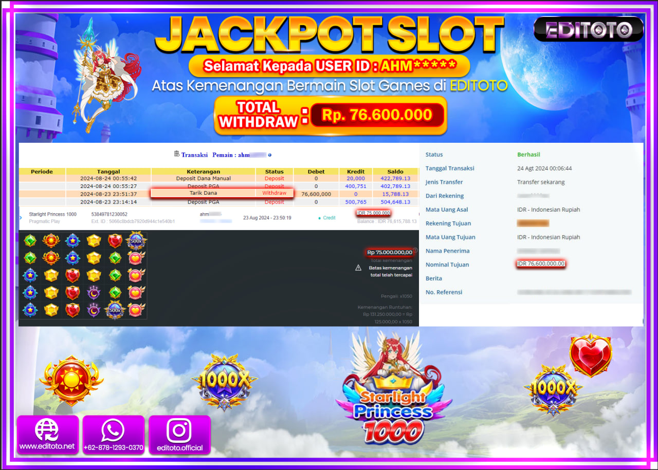 JACKPOT SLOT STARLIGHT PRINCESS 1000  Rp.76.600.000.,- LUNAS