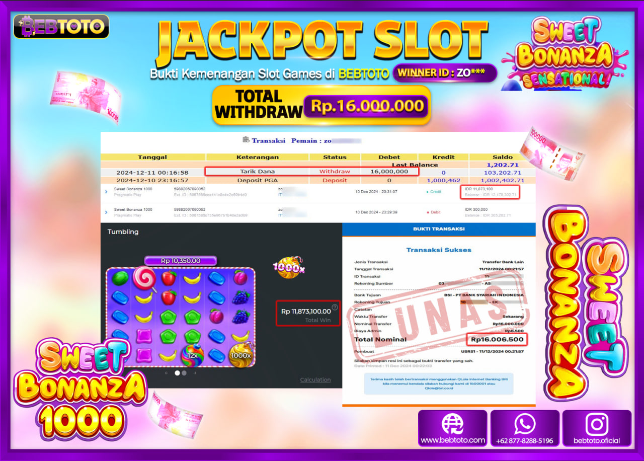 JACKPOT SLOT BEBTOTO SWEET BONANZA 1000 Rp.16.000.000.,- LUNAS