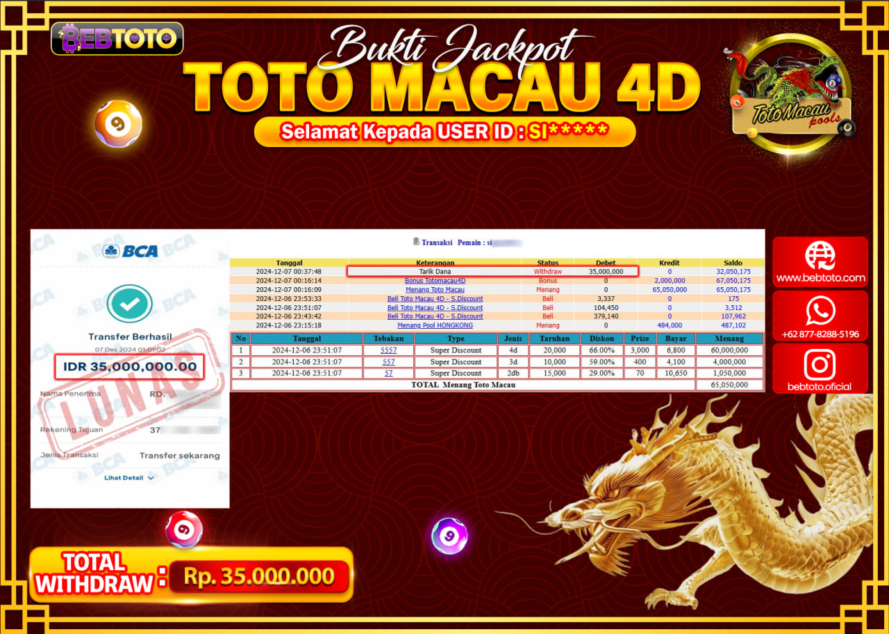 JACKPOT TOGEL BEBTOTO TOTO MACAU 4D Rp.35.000.000.,- LUNAS