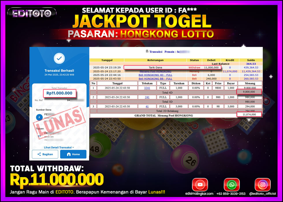 JACKPOT EDITOTO TOGEL PASARAN HONGKONG LOTTO Rp.11.000.000.,- LUNAS