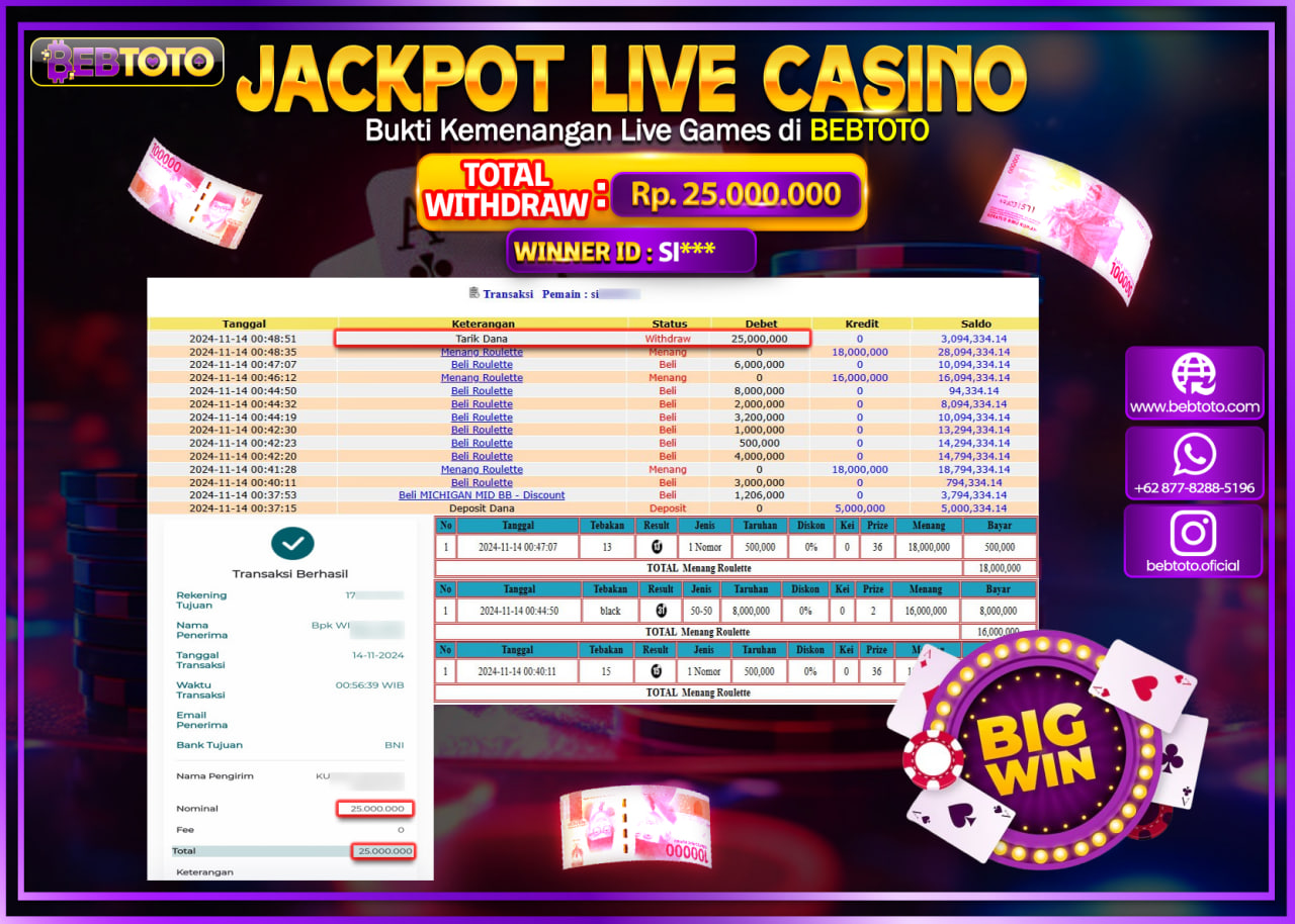 JACKPOT LIVE CASINO BEBTOTO ROULETTE Rp.25.000.000.,- LUNAS