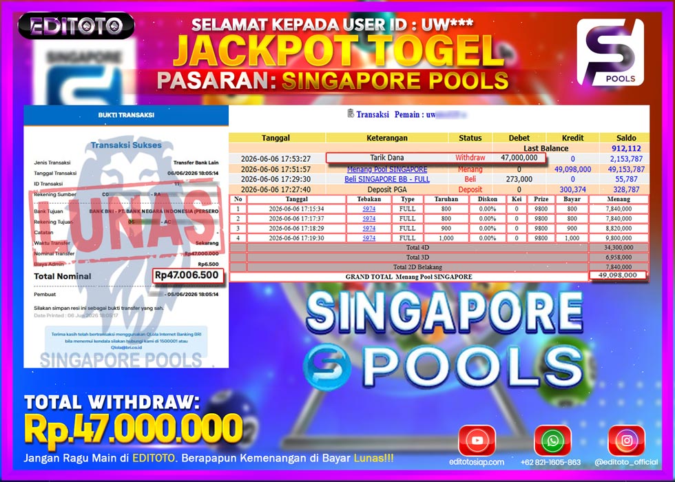 JACKPOT EDITOTO TOGEL PASARAN SINGAPORE POOLS Rp.47.000.000.,- LUNAS
