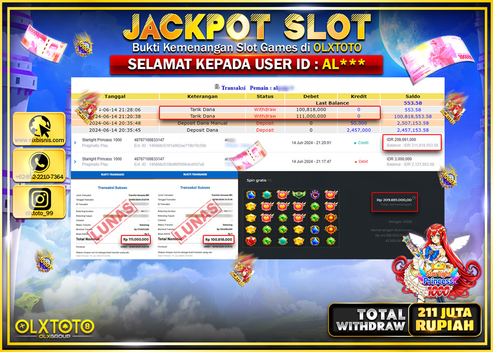 OLXTOTO JACKPOT SLOT STARLIGHT PRINCESS 1000   Rp.211.818.000.,- LUNAS