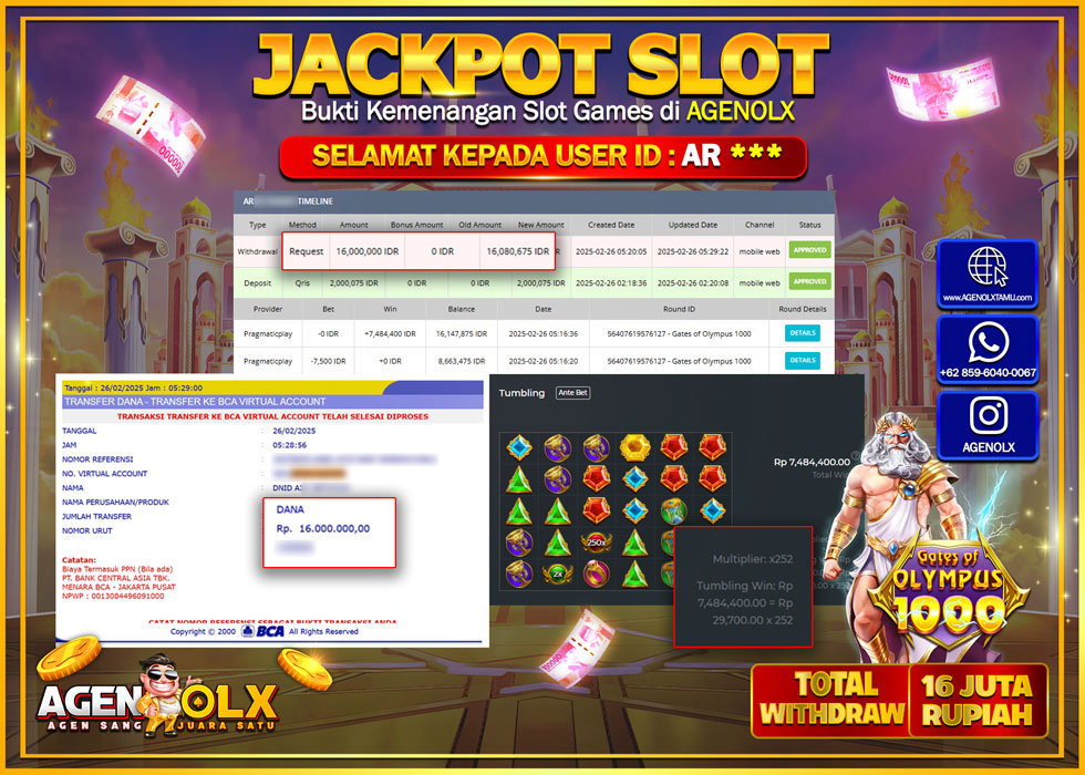 AGENOLX JACKPOT SLOT GATES OF OLYMPUS 1000 Rp 16.000.000,- LUNAS