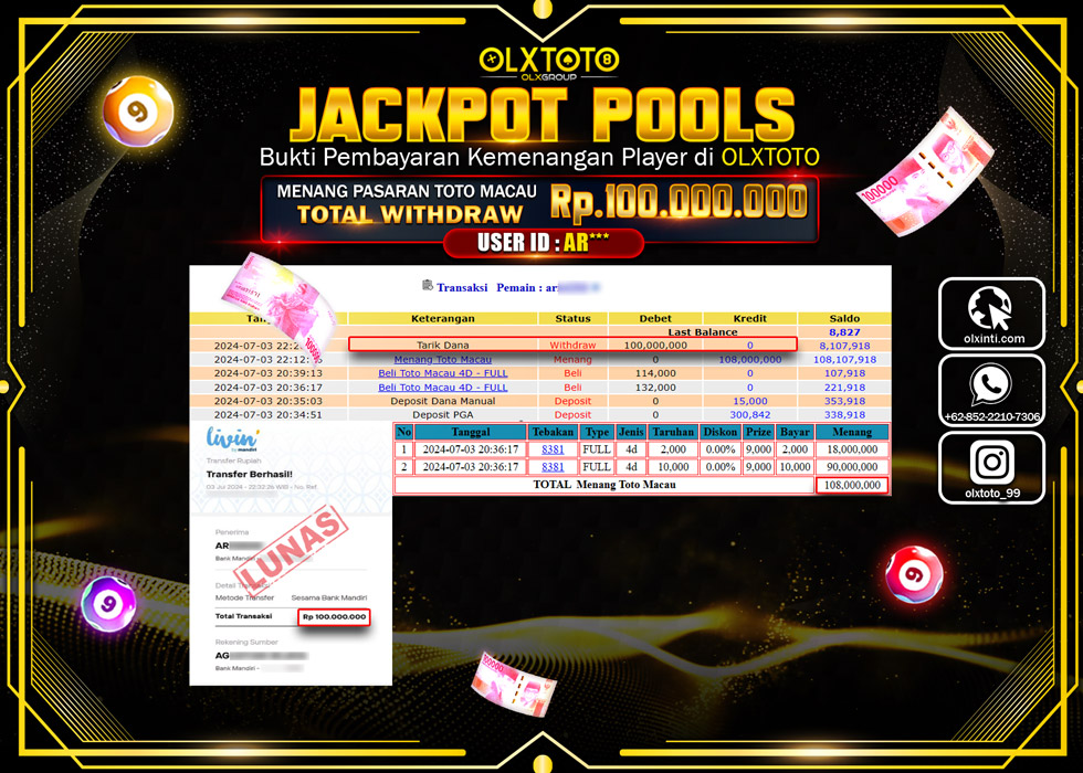 OLXTOTO JACKPOT  TOGEL TOTO MACAU  Rp.100.000.000.,- LUNAS