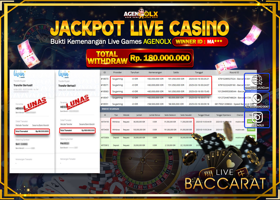 AGENOLX JACKPOT  LIVE CASINNO  SPEED BACCARAT Rp 180.000.000,- LUNAS