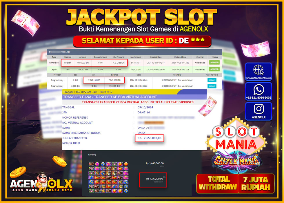 AGENOLX JACKPOT SLOT MANIA SAIYAN MANIA Rp.7.000.000,- LUNAS