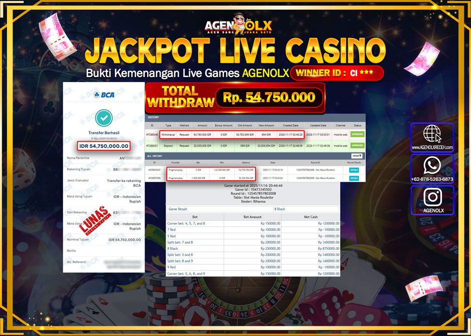 AGENOLX JACKPOT ROULLETE Rp 54,750,000,- LUNAS