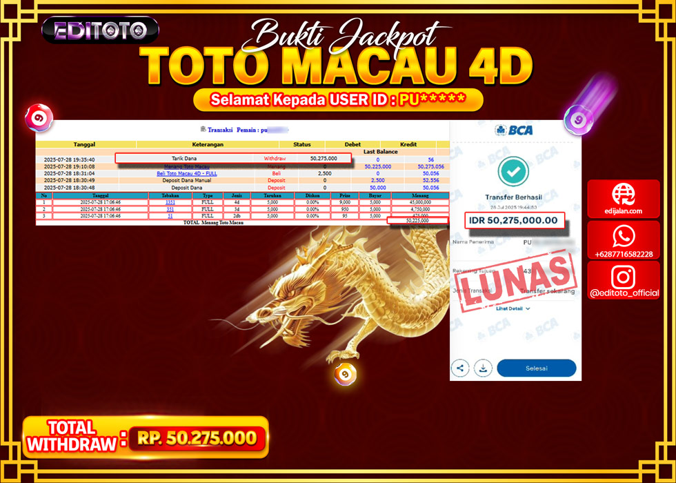 JACKPOT EDITOTO TOGEL PASARAN TOTO MACAU 4D Rp.50.275.000.,- LUNAS