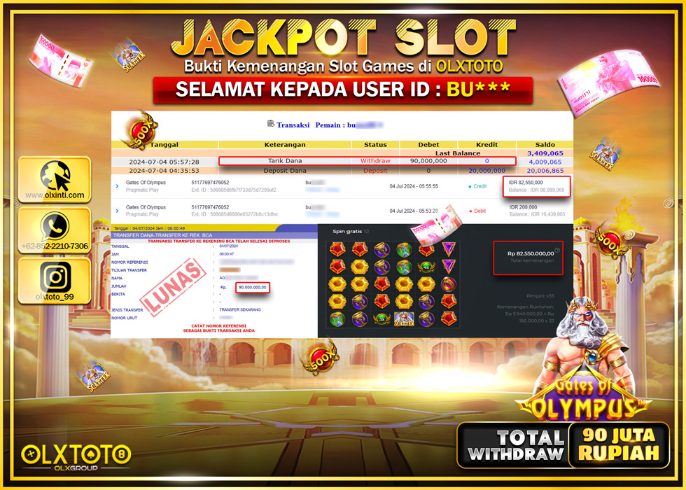 OLXTOTO JACKPOT  SLOT GATES OF OLYMPUS   Rp.90.000.000.,- LUNAS