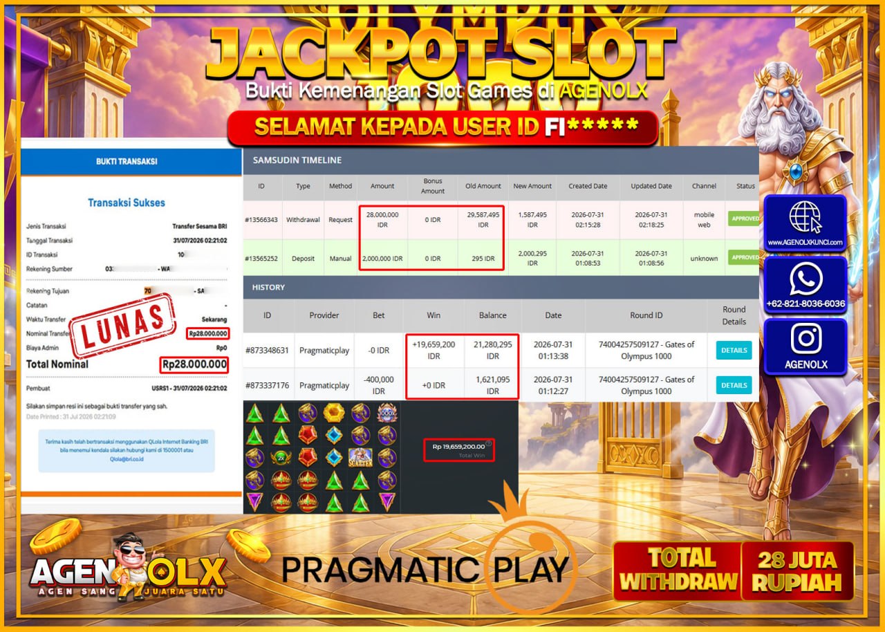 AGENOLX JACKPOT SLOT  GATES OF OLYMPUS 1000  Rp 28.000.000 -LUNAS