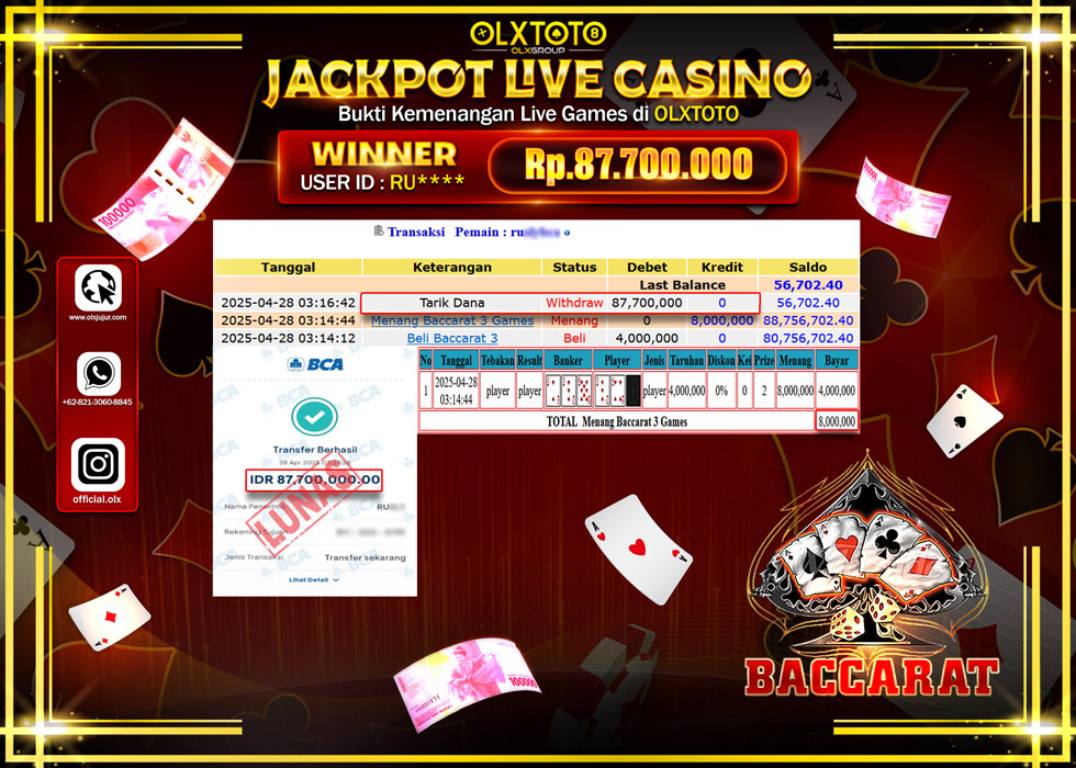 BINTANGSLOT77 JACKPOT  LIVE GAMES BACCARAT Rp.87.700.000.,- LUNAS