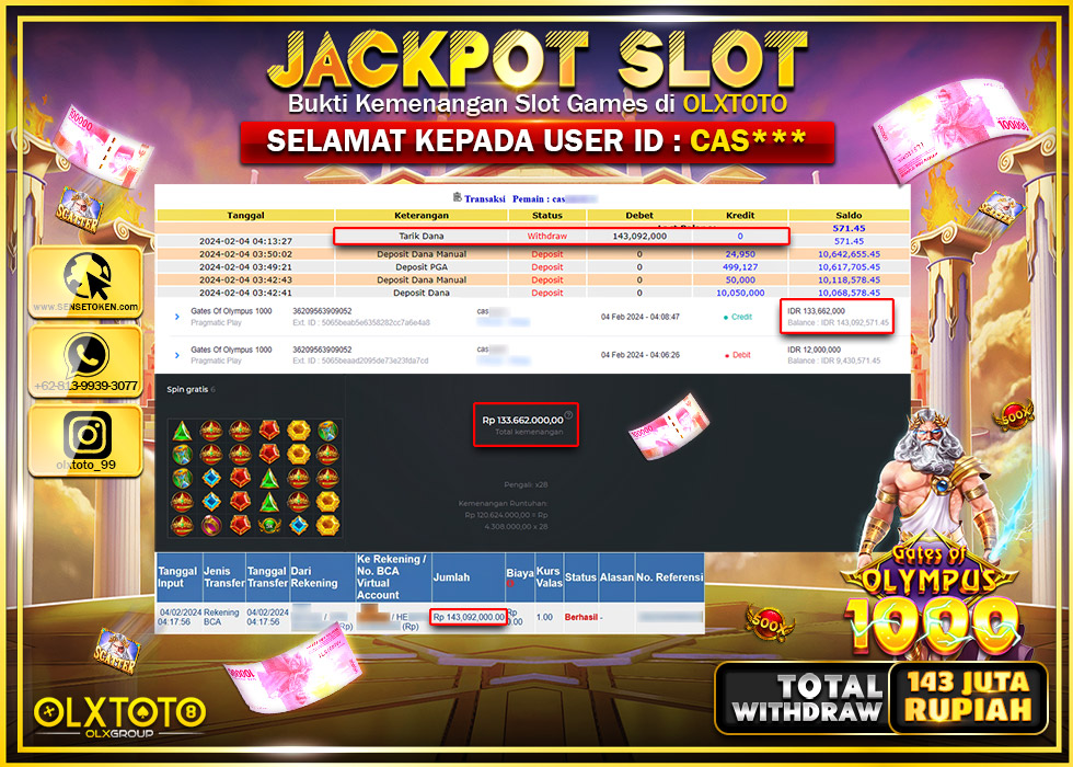 OLXTOTO JACKPOT SLOT GATES OF OLYMPUS 1000 Rp.143.092.000.,- LUNAS