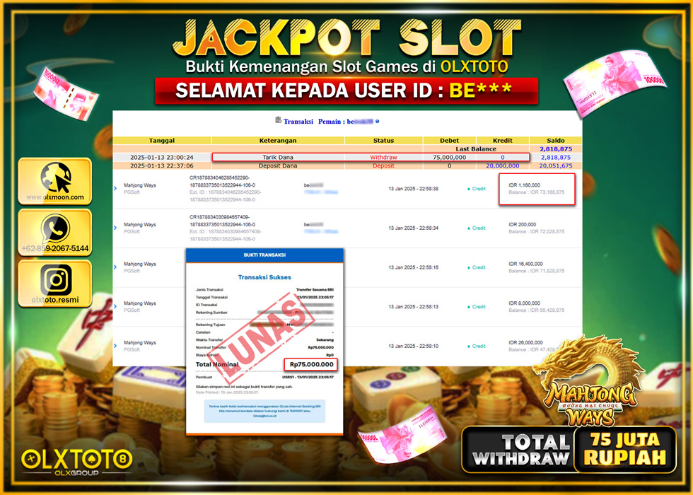 OLXTOTO JACKPOT  SLOT MAHJONG WAYS  Rp.75.000.000.,- LUNAS