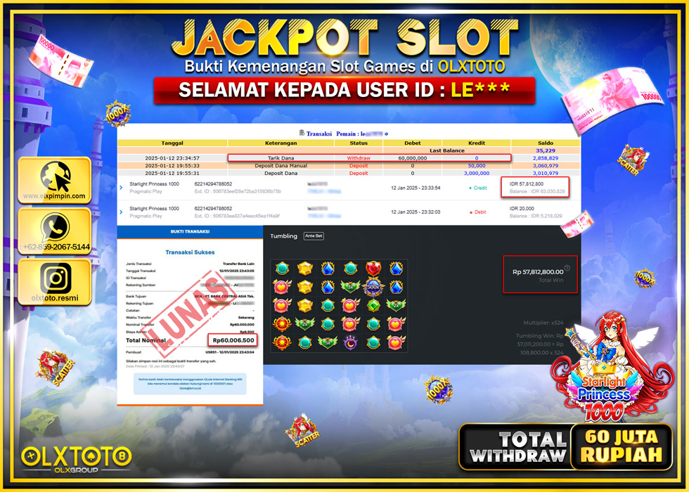 OLXTOTO JACKPOT  SLOT STARLIGHT PRINCESS 1000  Rp.60.000.000.,- LUNAS