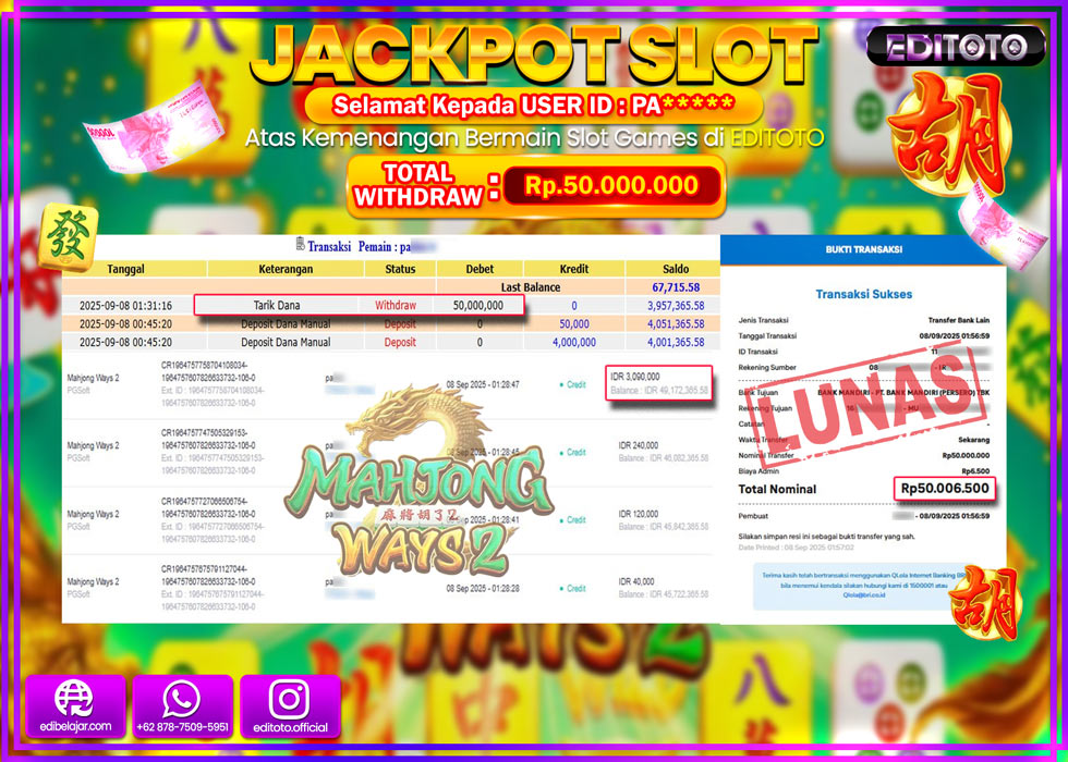 JACKPOT EDITOTO SLOT MAHJONG WAYS 2 Rp.50.000.000,- LUNAS 