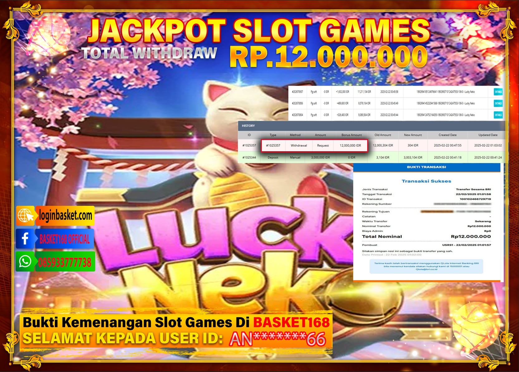 BASKET168 JACKPOT SLOT LUCKY NEKO RP.12.000.000,- LUNAS