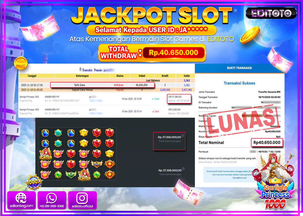 JACKPOT EDITOTO SLOT STARLIGHT PRINCESS 1000  Rp.40.650.000,- LUNAS  