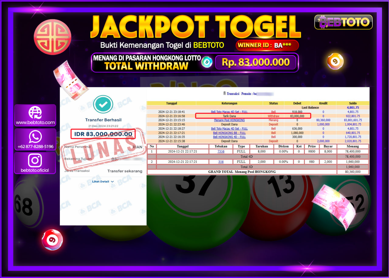 JACKPOT TOGEL BEBTOTOHONGKONG LOTTO Rp.83.000.000.,- LUNAS