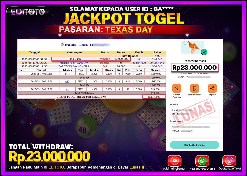 JACKPOT EDITOTO TOGEL PASARAN TEXAS DAY Rp.23.000.000.,- LUNAS