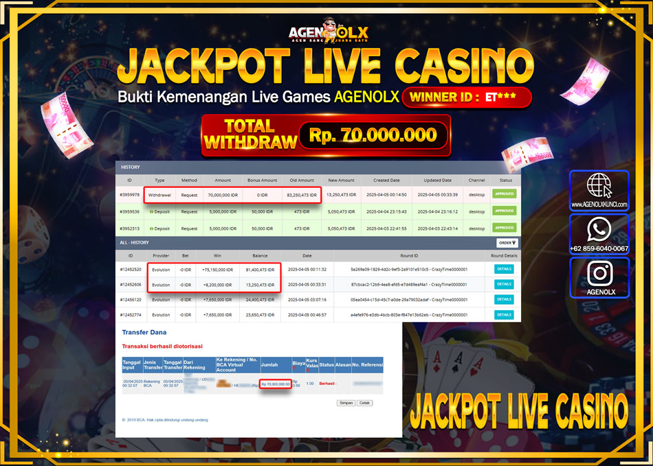 AGENOLX JACKPOT LIVE CASSINO Rp 70.000.000,- LUNAS