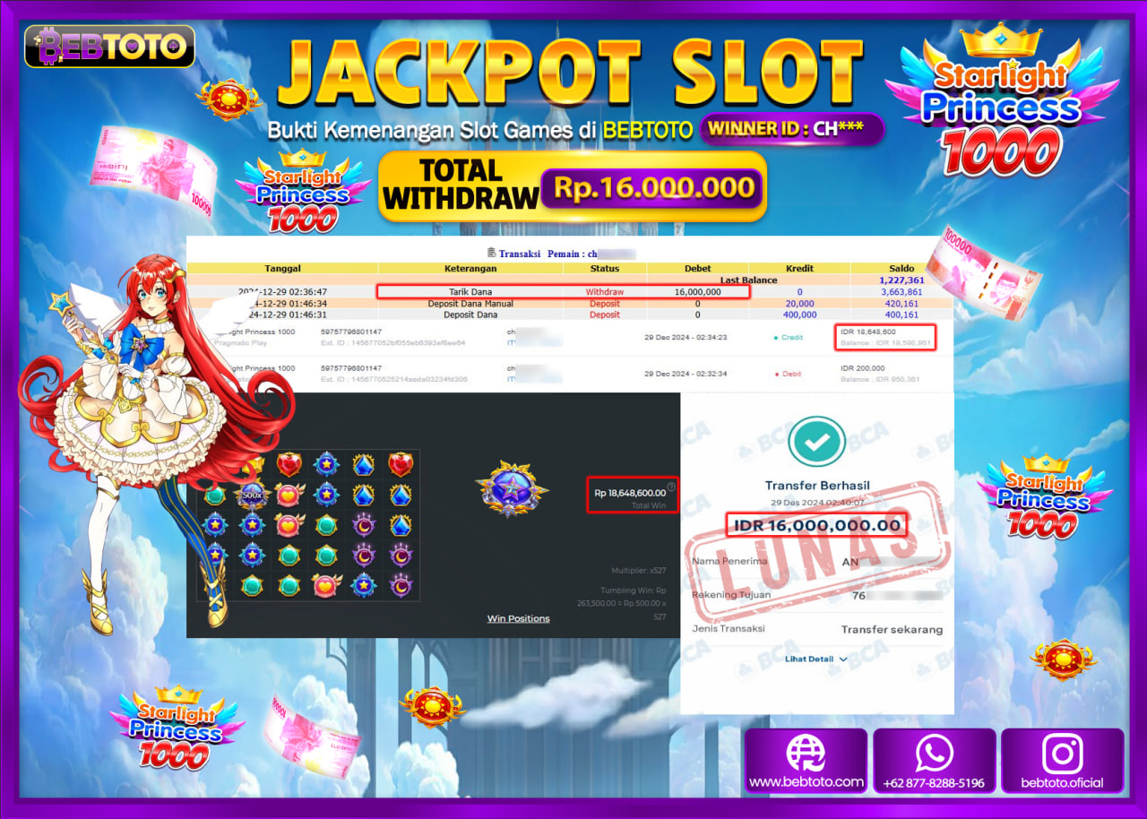 JACKPOT SLOT BEBTOTO STARLIGHT PRINCESS 1000 Rp.16.000.000.,- LUNAS