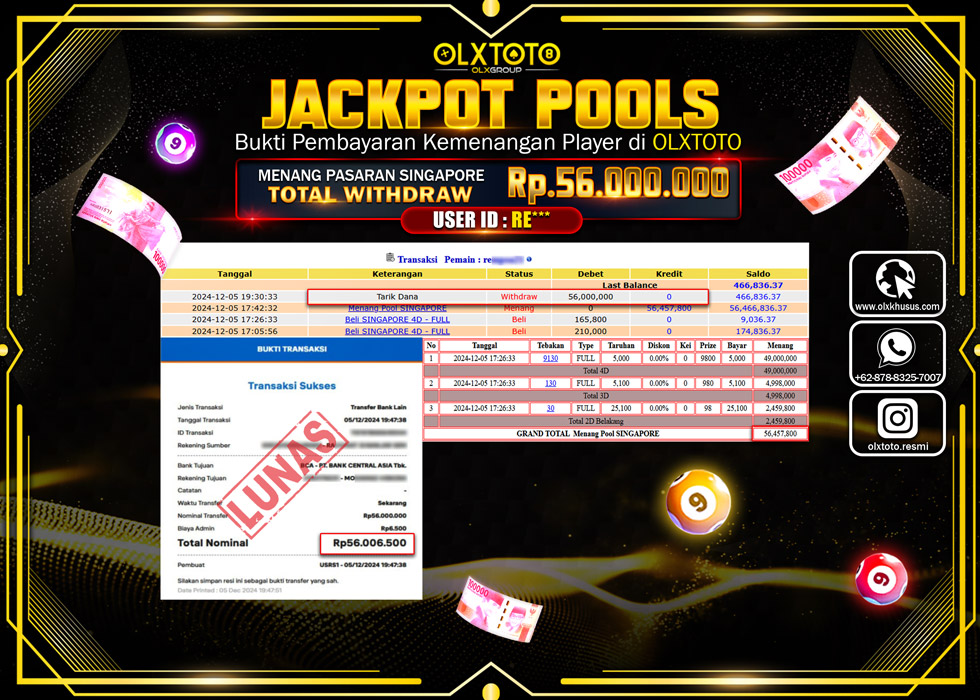 OLXTOTO JACKPOT  TOGEL POOL SINGAPORE Rp.56.000.000.,- LUNAS