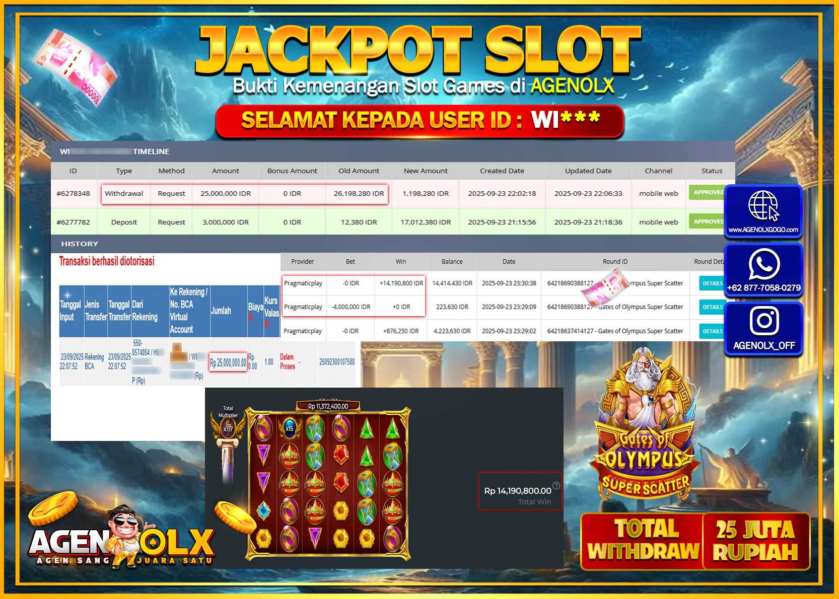 AGENOLX JACKPOT  SLOT GATES OF OLYMPUS SUPER SCATTER Rp 25,000,000,- LUNAS