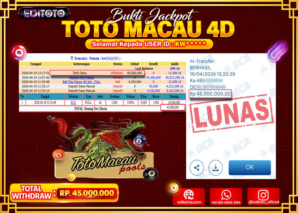 JACKPOT EDITOTO TOGEL PASARAN TOTO MACAU 4D Rp.45.000.000.,- LUNAS 