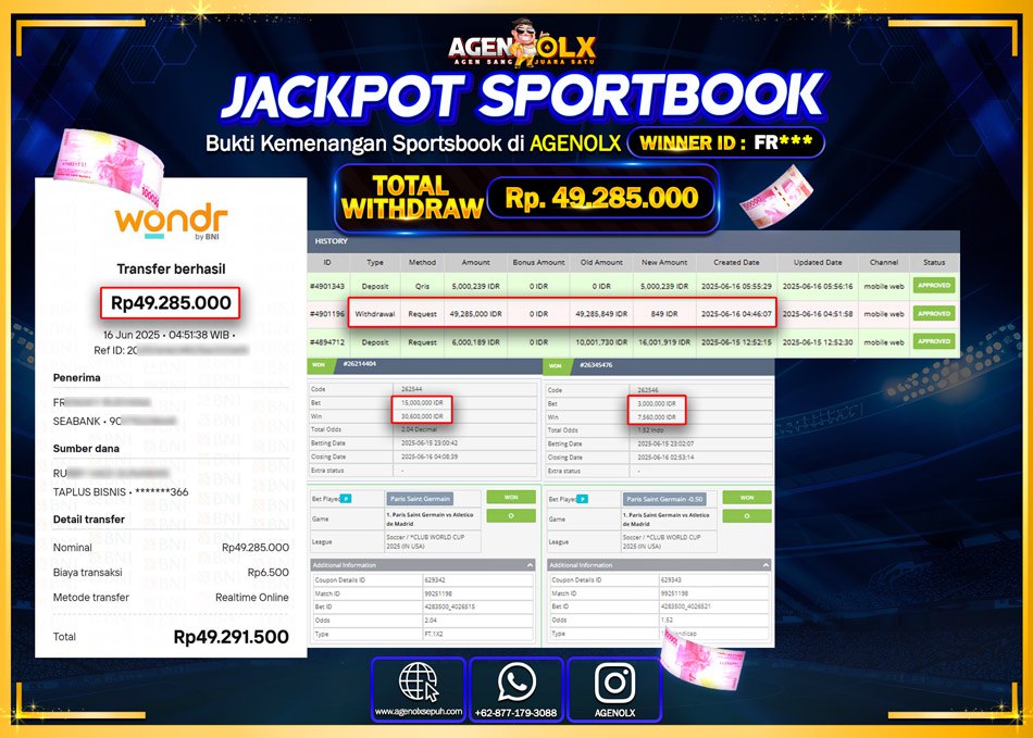 AGENOLX JACKPOT SPORTBOOK Rp 49.285.000,- LUNAS