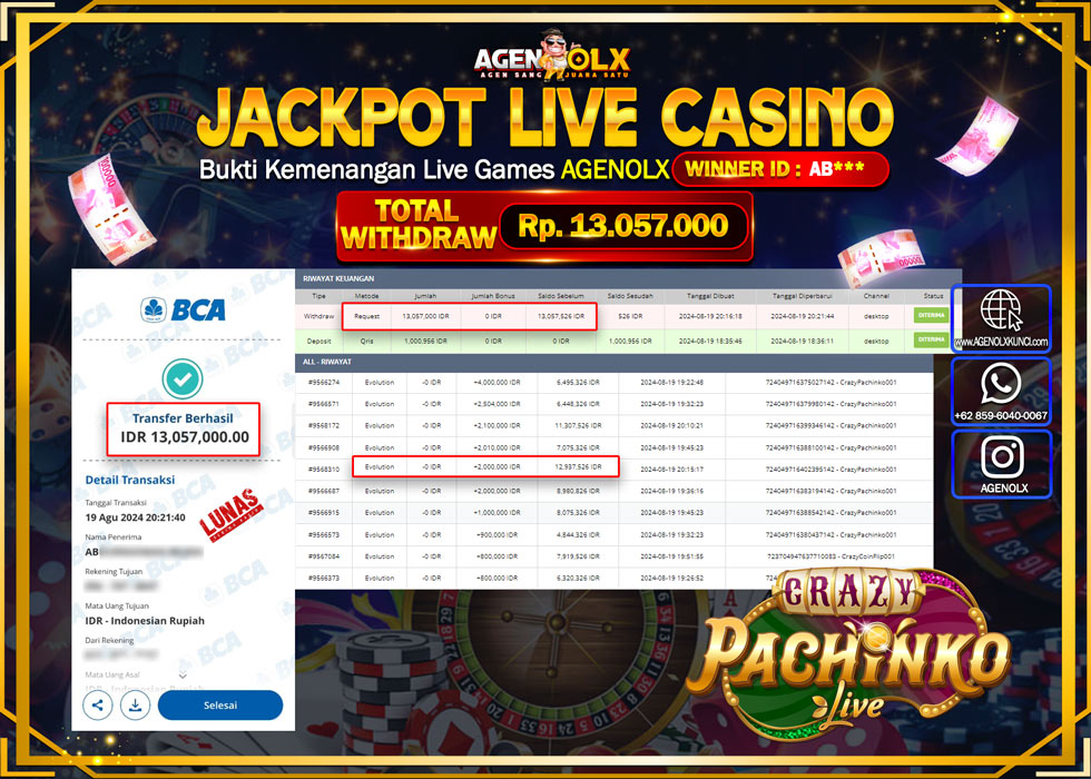 AGENOLX JACKPOT LIVEGAMES CRAZY PACHINKO LIVE Rp.15.000.000,- LUNAS