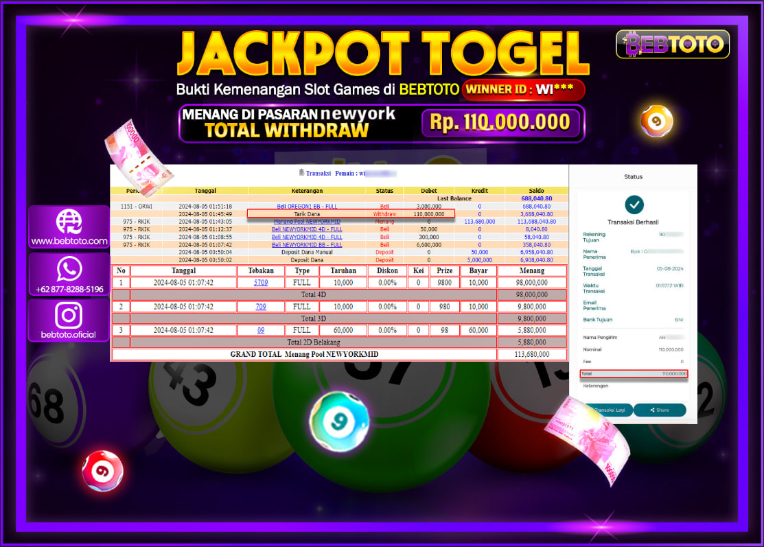 JACKPOT TOGEL BEBTOTO NEW YORK MIDDAY POOLS Rp.110.000.000.,- LUNAS