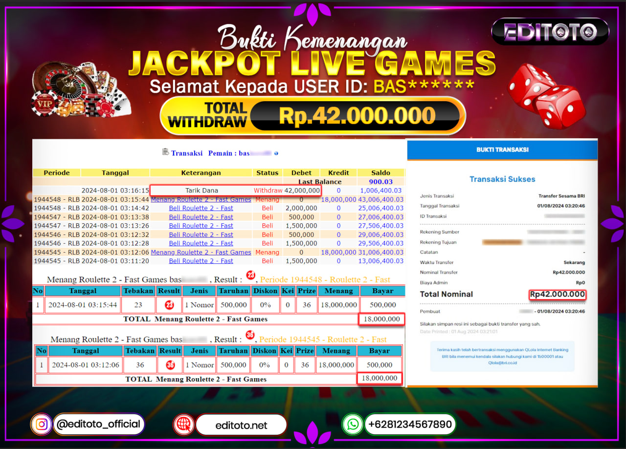 JACKPOT LIVE GAME EDITOTO ROULETTE Rp.42.000.000.,- LUNAS