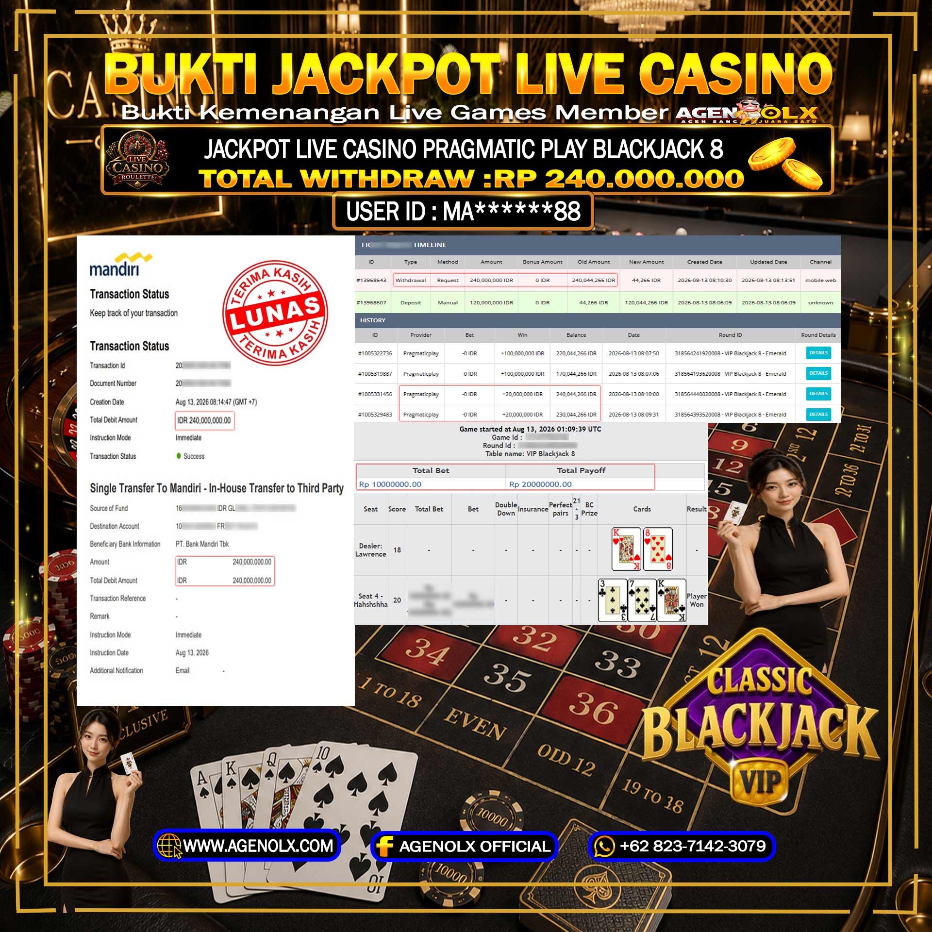 AGENOLX JACKPOT LIVE CASSINO VIP BLACKJACK 8 - EMERALD   Rp 240.000.000-LUNAS