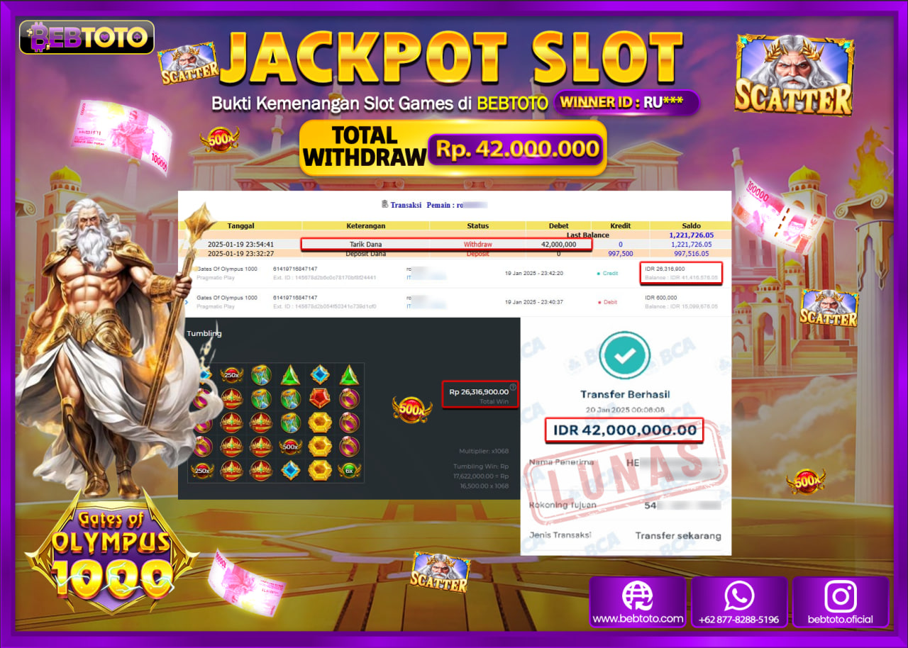 JACKPOT SLOT BEBTOTO GATES OF OLYMPUS 1000 Rp.42.000.000.,- LUNAS