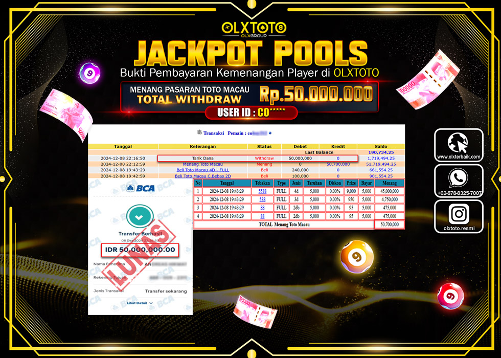 OLXTOTO JACKPOT  TOGEL POOL TOTO MACAU Rp.50.000.000.,- LUNAS