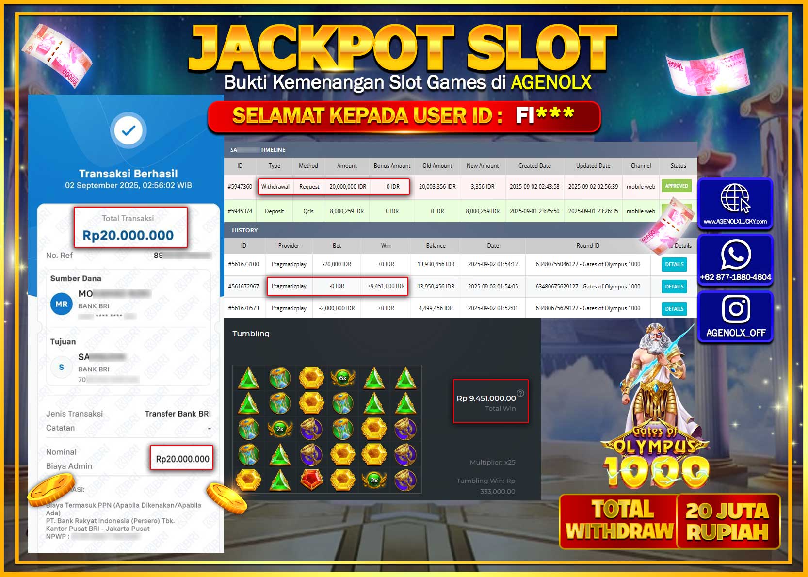 AGENOLX JACKPOT SLOT GATES OF OLYMPUS 1000 Rp 20,000,000,- LUNAS