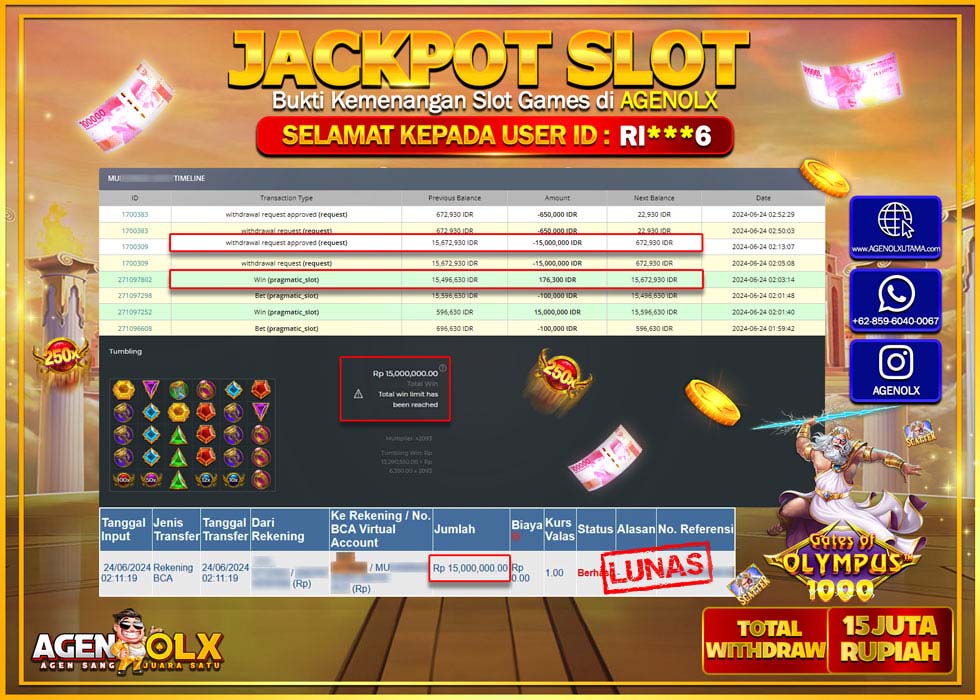 AGENOLX JACKPOT SLOT GATES OF OLYMPUS 1000 Rp.15.000.000,- LUNAS