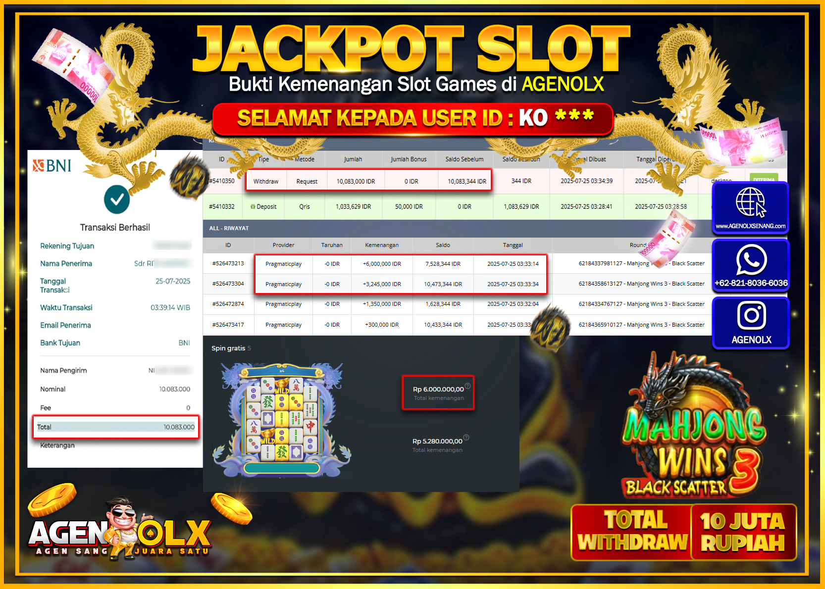 AGENOLX JACKPOT  SLOT MAHJONG WINS 3 - BLACK SCATTER Rp 10.083.000,- LUNAS