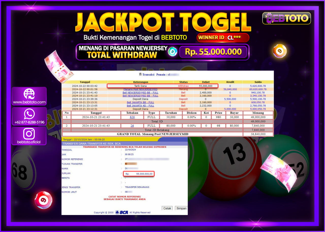 JACKPOT TOGEL BEBTOTO NEWJERSEY Rp.55.000.000.,- LUNAS
