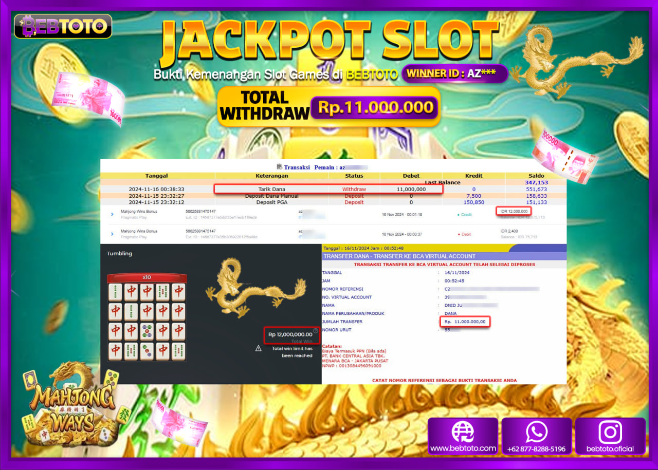 JACKPOT SLOT BEBTOTO MAHJONG WAYS Rp.11.000.000.,- LUNAS