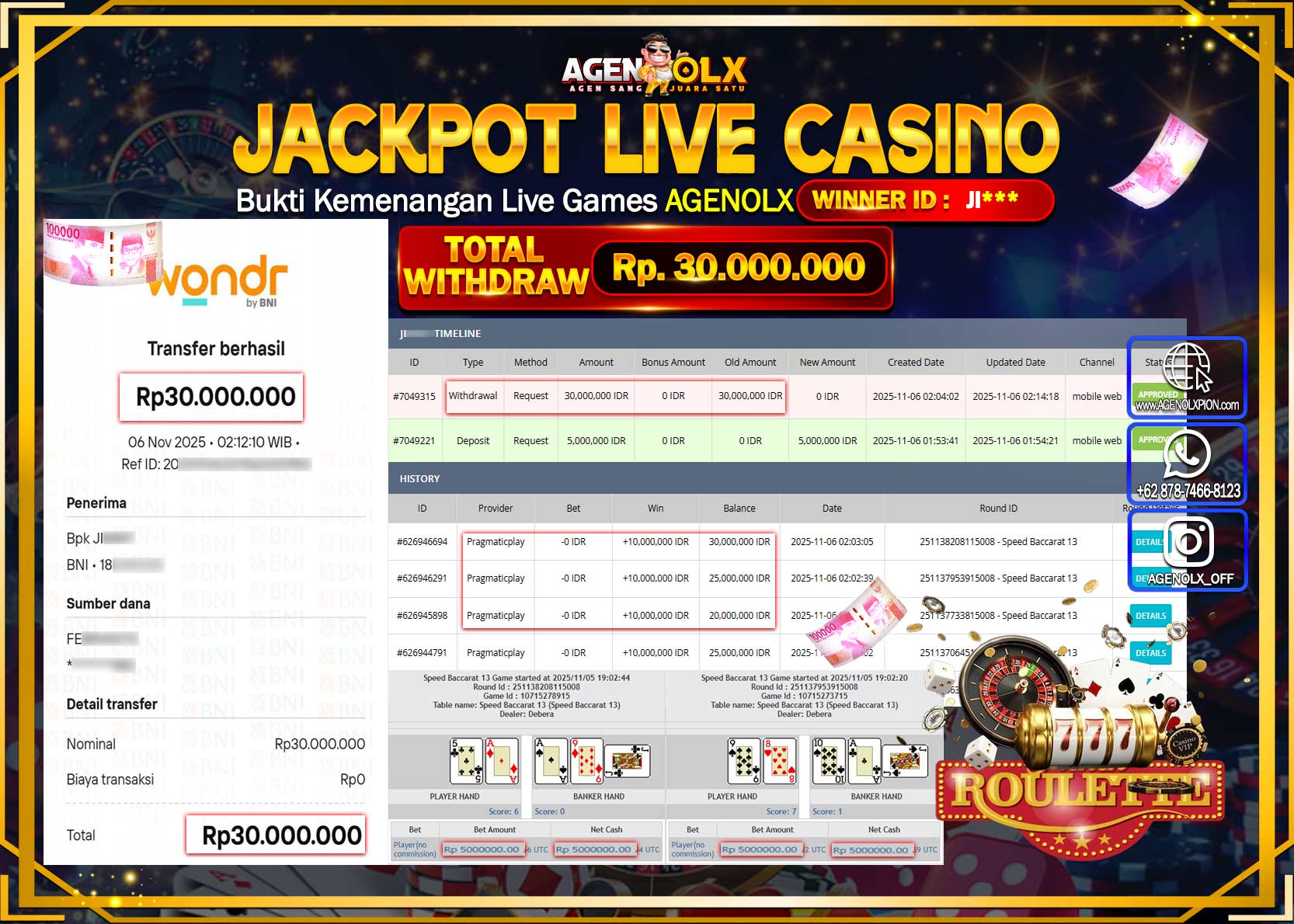 AGENOLX JACKPOT  LIVE CASINO SPEED BACCARAT 13  Rp 30,000,000,- LUNAS