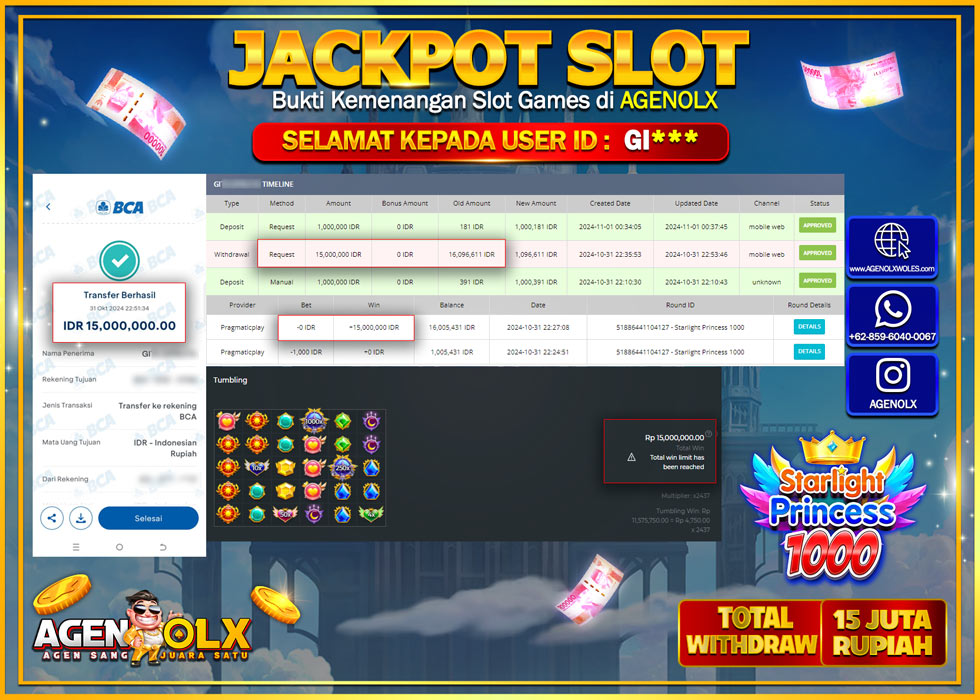 AGENOLX JACKPOT  SLOT STARLIGHT PRINCESS 1000  Rp 15.000.000,- LUNAS