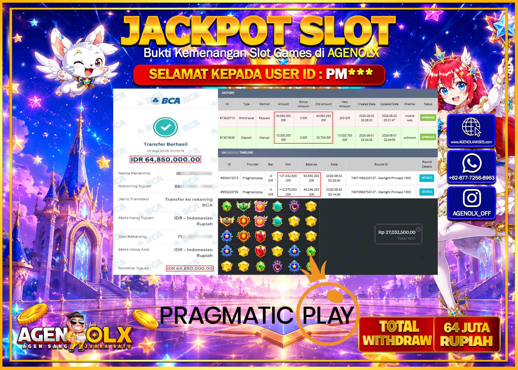 AGENOLX JACKPOT SLOT  STARLIGHT PRINCESS 1000 Rp 64.850.000 -LUNAS