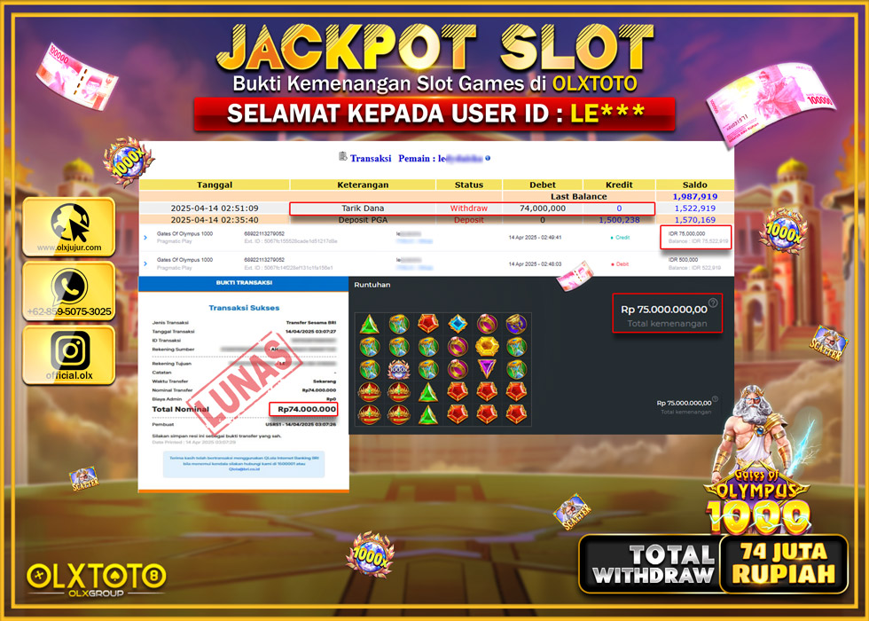 BINTANGSLOT77 JACKPOT SLOT GATES OF OLYMPUS 1000  Rp.74.000.000.,- LUNAS