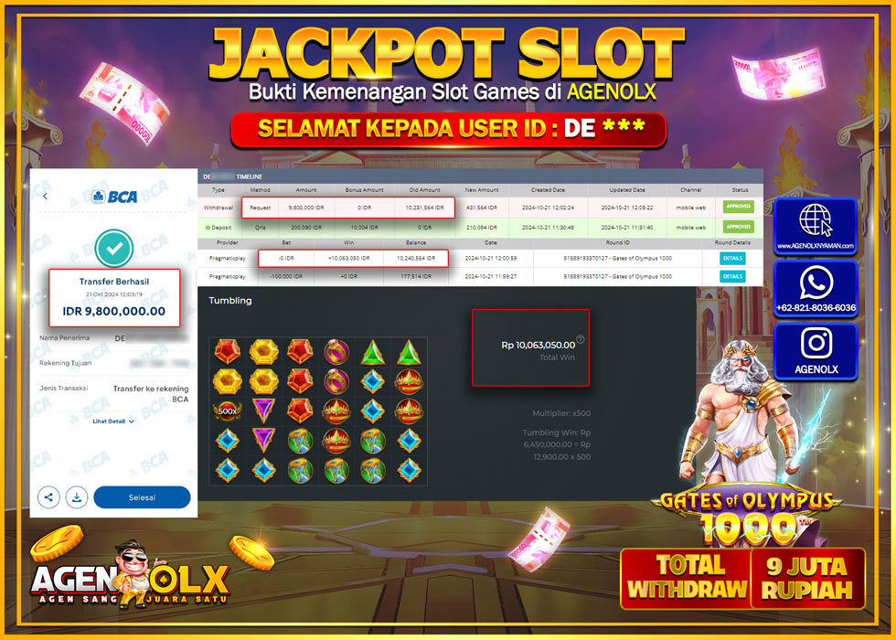 AGENOLX JACKPOT  SLOT GATES OF OLYMPUS 1000  Rp 9.800.000,- LUNAS