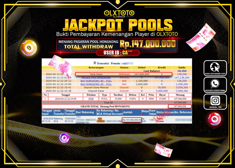 OLXTOTO JACKPOT TOGEL PASARAN POOL HONGKONG Rp.147.000.000.,- LUNAS