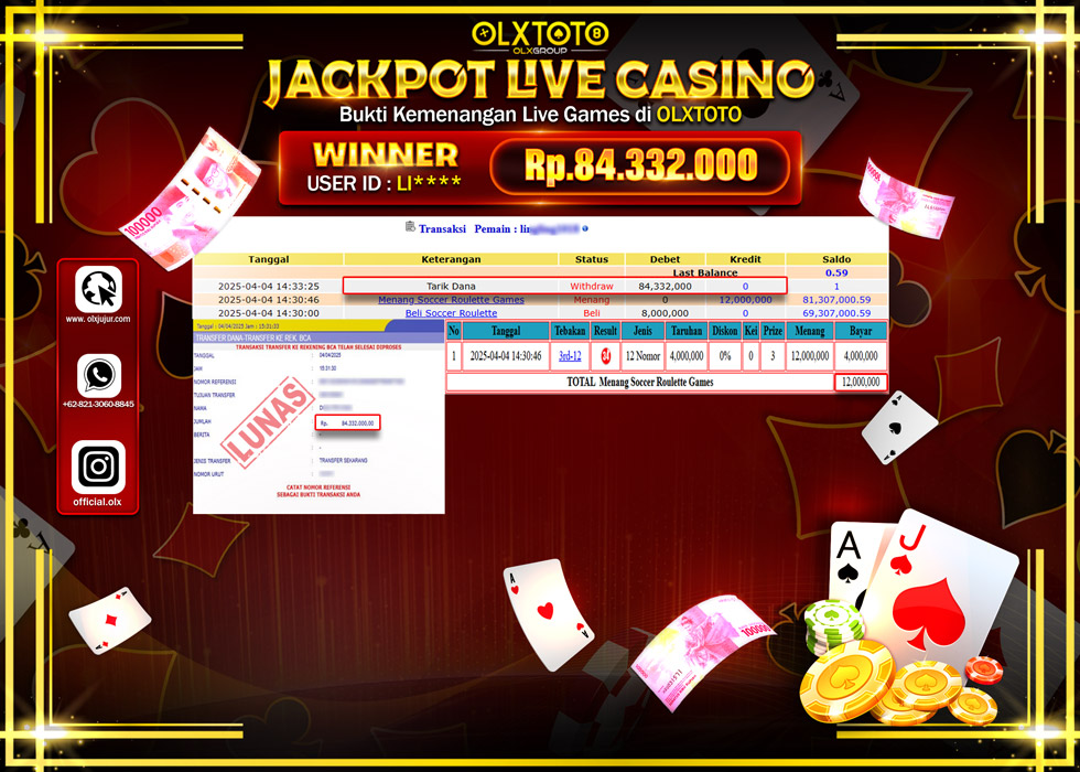 BINTANGSLOT77 JACKPOT  LIVE GAMES SOCCER ROULETTE Rp84.332.000.,- LUNAS