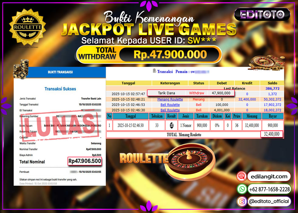 JACKPOT EDITOTO LIVE GAMES ROULETTE Rp. 47.900.000.,- LUNAS