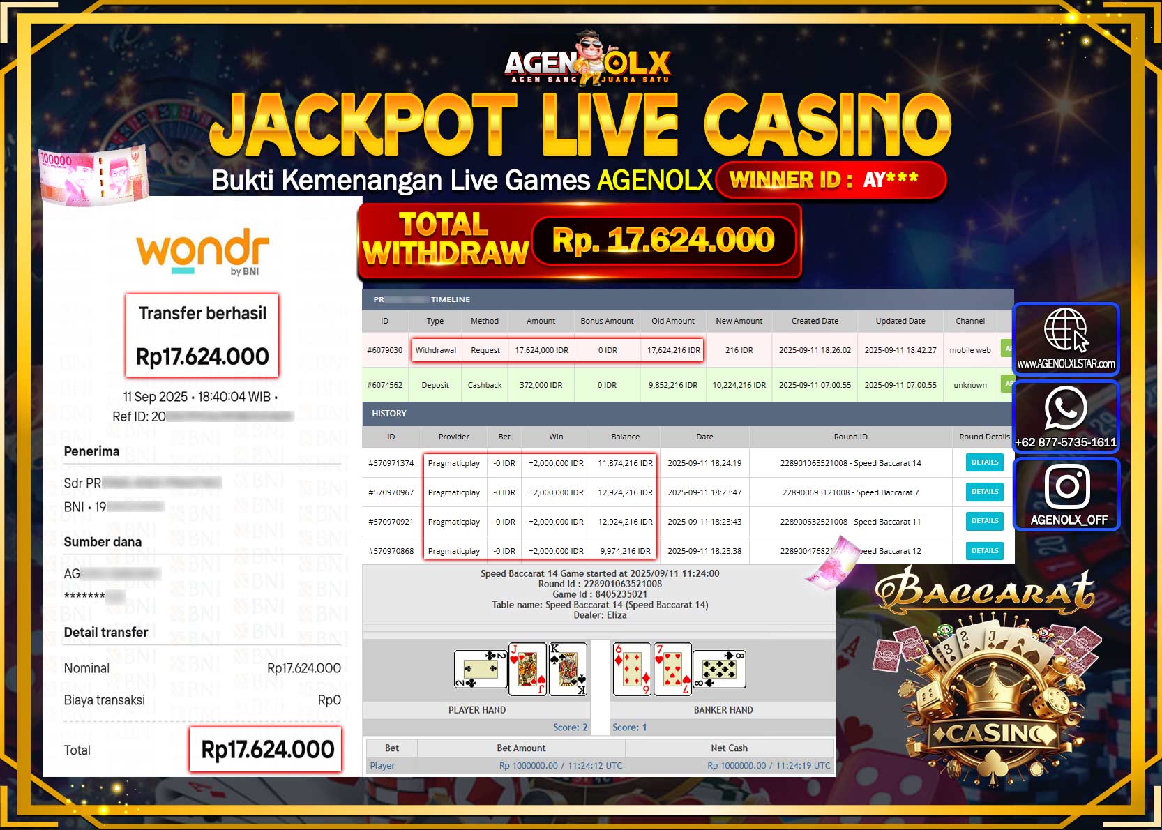 AGENOLX JACKPOT LIVE CASINO SPEED BACCARAT 7   Rp 17,624,000,- LUNAS